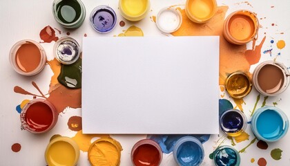 Close-up of a blank white paper sheet with scattered watercolor paints around it.