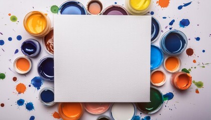 Close-up of a blank white paper sheet with scattered watercolor paints around it.