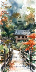 Fototapeta premium Watercolor Painting of a Traditional Japanese Garden