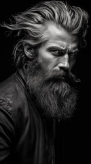 Fototapeta premium Black and white portrait of a man with a long beard and wild, windblown hair, wearing a leather jacket, looking intensely at the camera