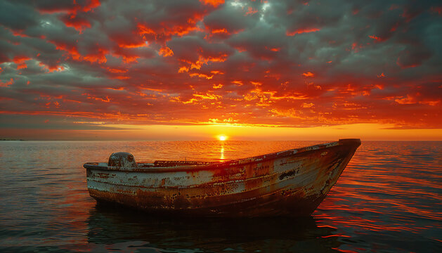 Recreation of a deteriorated small boat in a beach at sunset