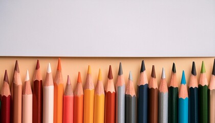Top view of a blank white paper sheet with vibrant colored pencils lined up beside it.