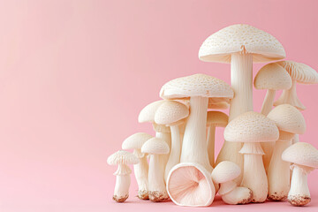 Group of white mushrooms on pink background with soft colors edible fungi concept