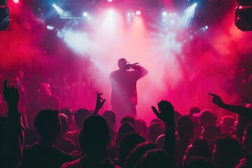A dynamic scene of a rap battle at a nightclub filled with an energetic crowd, vibrant red and purple lighting