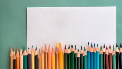 Top view of a blank white paper sheet with vibrant colored pencils lined up beside it.