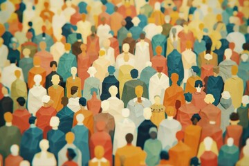 A large crowd of diverse people in paper cut-out style