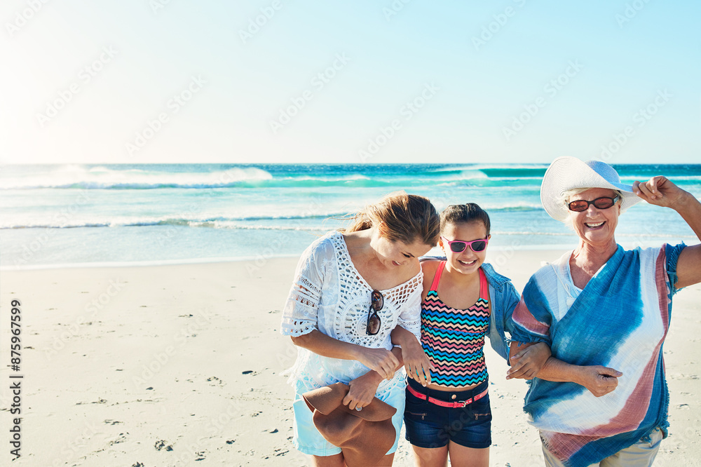 Sticker Beach, laugh and grandmother, mom and child for bonding, weekend and relax in nature. Family generation, travel and happy grandparent, mother and girl by ocean for holiday, vacation and adventure