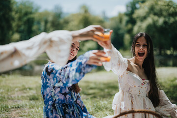Naklejka premium Two friends celebrate with a toast during a scenic outdoor picnic in a lush green park, showcasing joy and friendship.