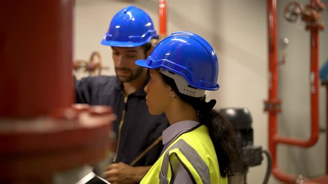 Two engineer or technician worker discuss about red pipe system in the construction site to maintenence and fix the problem together.