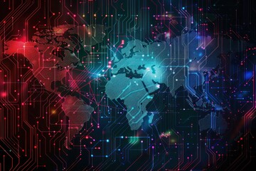 A vibrant and futuristic digital world map overlaying a circuit board background. global communication