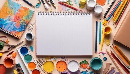A desk cluttered with art supplies and a blank white paper sheet filled with doodles.