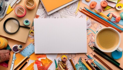 A desk cluttered with art supplies and a blank white paper sheet filled with doodles.