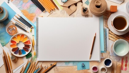 A desk cluttered with art supplies and a blank white paper sheet filled with doodles.