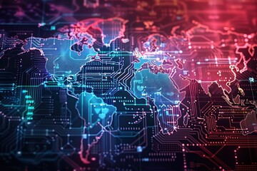 A vibrant and futuristic digital world map overlaying a circuit board background. global communication