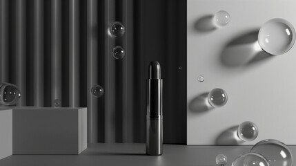 set of cosmetic utensils, commercial steel mascara product packaging shot, abstract minimalistic set design