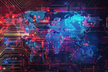 A vibrant and futuristic digital world map overlaying a circuit board background. global communication