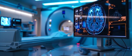 Brain scan images on monitor, modern MRI machine in background, bright lab