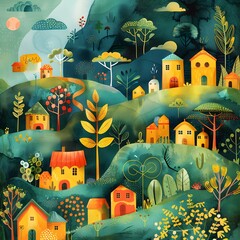 Colorful houses on green hills