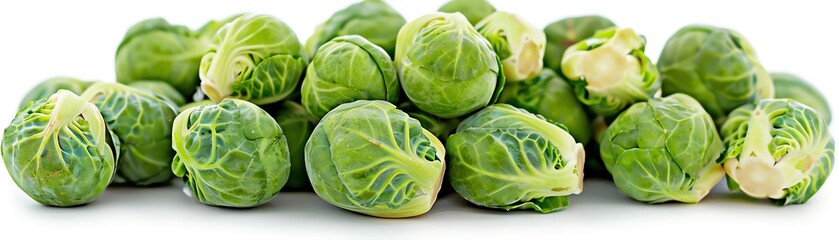 Obraz premium Fresh Brussels sprouts pile on a white background, highkey lighting