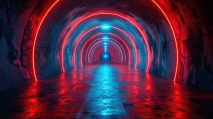 Naklejka premium Abstract Futuristic Neon Tunnel with Red and Blue Lights 3D Rendering
