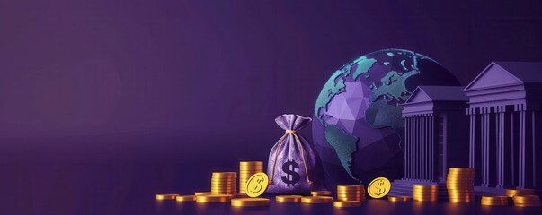 Global Finance and Banking, Money Bag, Globe, and Bank Buildings on Purple Background
