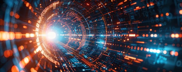 Obraz premium Abstract Digital Tunnel with Orange and Blue Lights for Technology Background