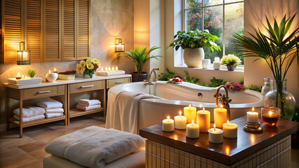 Spa composition with candles, towels and candles. Vector illustration.