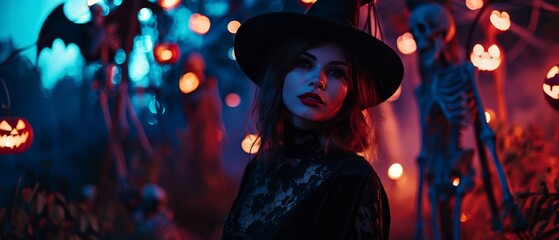 A spooky Halloween scene featuring a young witch in a black hat and dress, illuminated by eerie lights and surrounded by glowing jack-o'-lanterns and skeletons