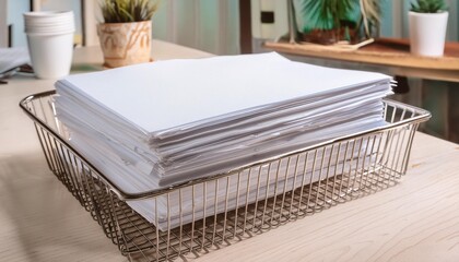 A stack of blank white paper sheets in a wire mesh tray on an office desk.