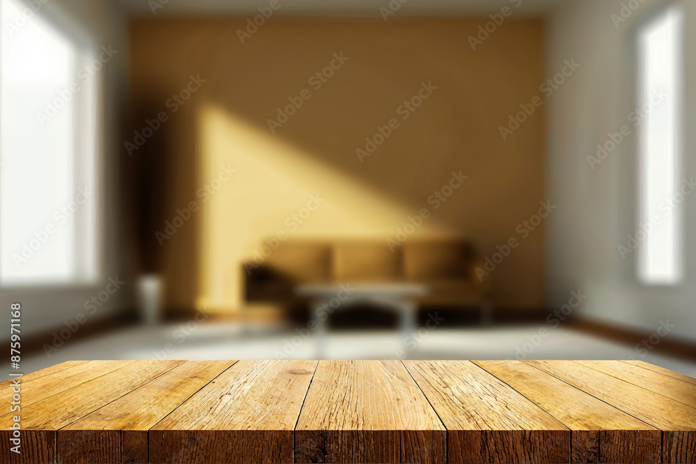 Poster product display on an empty wooden table top with a blurred living room background