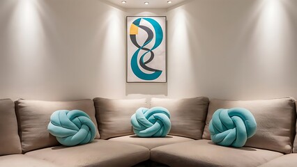 Turquoise blue knot pillow on a beige corner sofa and an abstract poster on a white wall in a modern living room interior