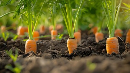 Close-up of fresh organic carrots growing in a fertile soil of a farm field