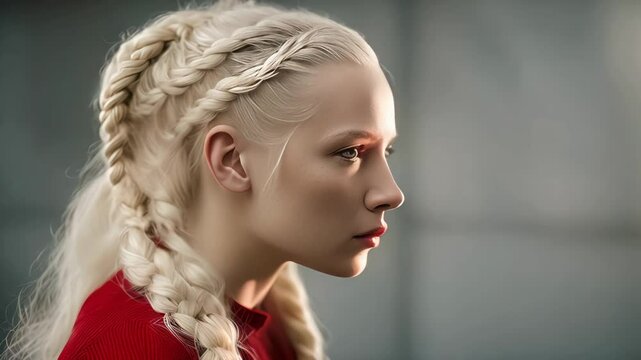 Radiant albino fashion model illuminated by sunlight on a white backdrop. Stunning woman with braids in a red shirt posing in natural light. Celebrating unique beauty and inclusion