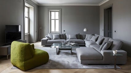 Contemporary grey living room with green armchair