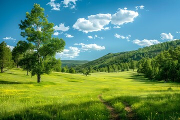 Obraz premium Green Meadow with a Dirt Road and a Birch Tree