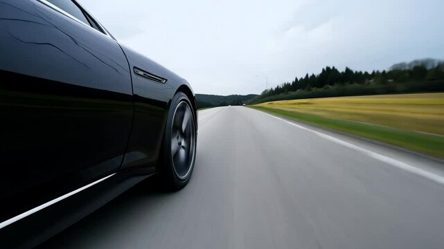 Close-up of black sports car speeding on a country road