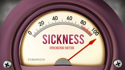 Sickness and Disorder Meter that is hitting a full scale, showing a very high level of sickness, overload of it, too much of it. Maximum value, off the charts.  ,3d illustration