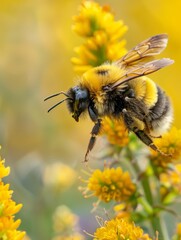Flying bee approaching solidago bright daylight macro photography super close vibrant colours capturing the intricate textured details photorealistic natural composition