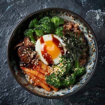 Food photography half boild egg bibimbap and broccoli top view in a luxurious kitchen style depth of field ultra detailed studio lighting
