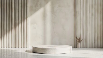Fototapeta premium Empty white round podium embodying the quiet luxury style old wood clean white wall background