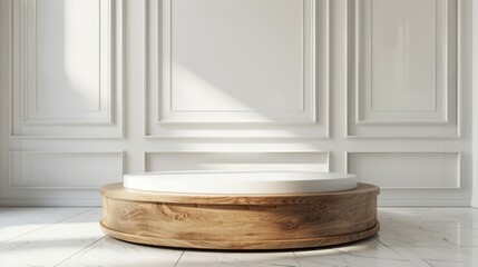 Empty white round podium embodying the quiet luxury style old wood clean white wall background