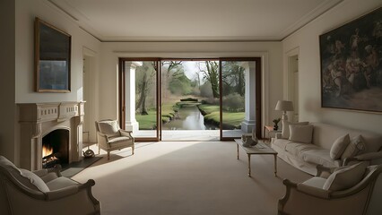 Fototapeta premium Empty living room with a fireplace and glass sliding door