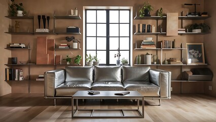 wall of scandinavian living room with modern couch, metal shelves and industrial coffee table