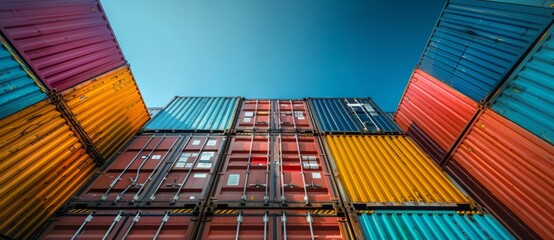 Fototapeta premium Commercial photo of shipping containers stack studio professional light blue sky shot on wide lens commercial cargo photography