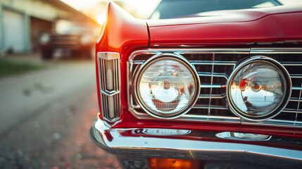 Close up on a headlight of a vintage red car