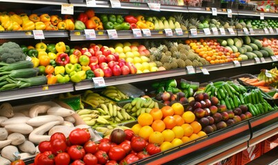 At the supermarket, with lines of fruits and vegetables