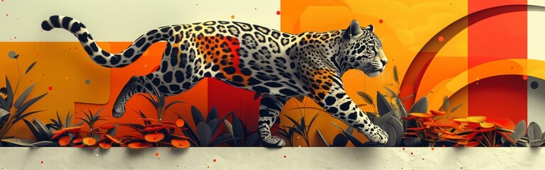 Stunning jaguar with colorful patterns walks gracefully in a vibrant jungle, captivating with its wild beauty and creative design. Panoramic header