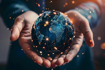 Businessman Holding Digital Globe Network Background