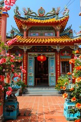 Fototapeta premium Traditional Chinese Temple with Red Roof and Ornamental Dragons