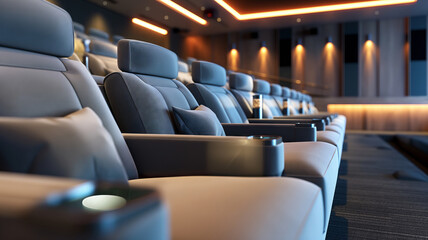 Fototapeta premium A row of plush, high-end cinema seats in a contemporary movie theater.